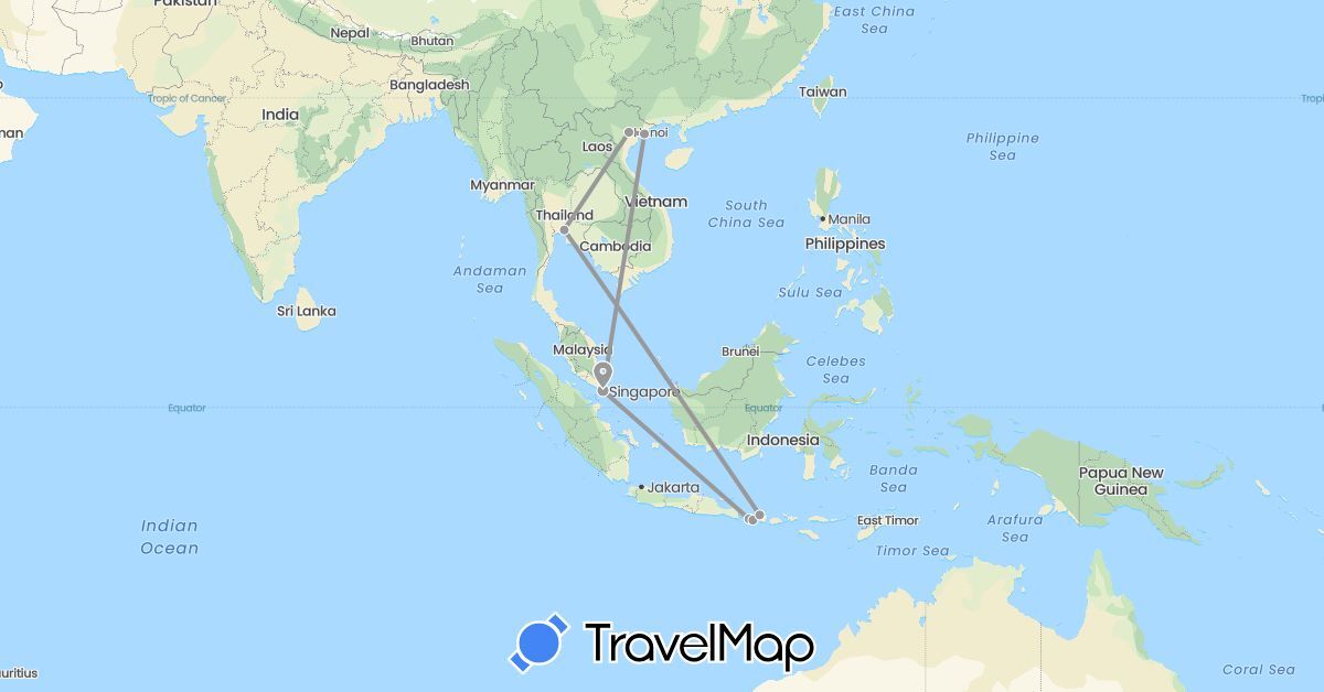 TravelMap itinerary: driving, plane in Indonesia, Singapore, Thailand, Vietnam (Asia)